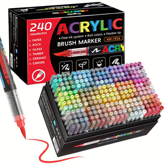 240  Guangna Acrylic Paint Markers Brush Tip Vivid Colors with Direct-Liquid Ink Control System, Professional-Grade Paint Pen for Rock Painting, Canvas, Glass, Plastic, Fabric & Creative Crafts