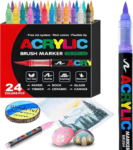 24 Guangna Acrylic Paint Markers Brush Tip Vivid Colors with Direct-Liquid Ink Control System, Professional-Grade Paint Pen for Rock Painting, Canvas, Glass, Plastic, Fabric & Creative Crafts