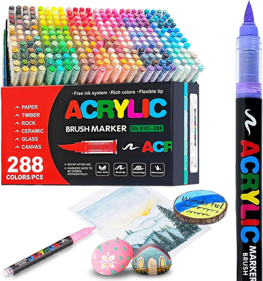 288 Guangna Acrylic Paint Markers Brush Tip Vivid Colors with Direct-Liquid Ink Control System, Professional-Grade Paint Pen for Rock Painting, Canvas, Glass, Plastic, Fabric & Creative Crafts