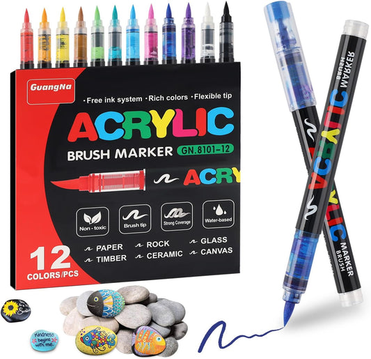 12 Guangna Acrylic Paint Markers Brush Tip Vivid Colors with Direct-Liquid Ink Control System, Professional-Grade Paint Pen for Rock Painting, Canvas, Glass, Plastic, Fabric & Creative Crafts