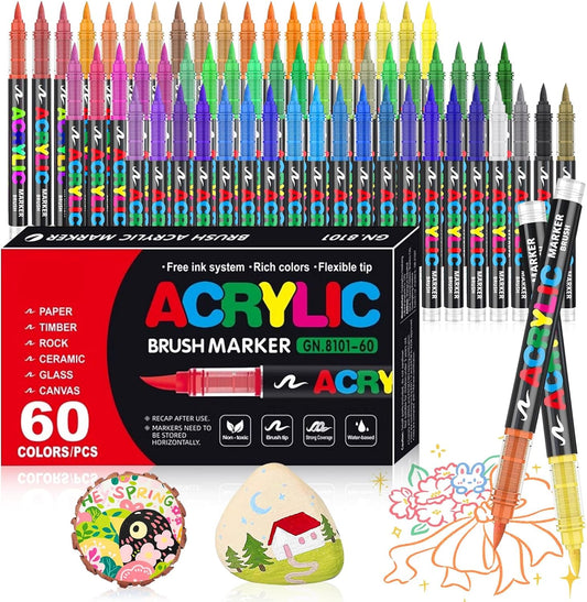 60 Guangna Acrylic Paint Markers Brush Tip Vivid Colors with Direct-Liquid Ink Control System, Professional-Grade Paint Pen for Rock Painting, Canvas, Glass, Plastic, Fabric & Creative Crafts
