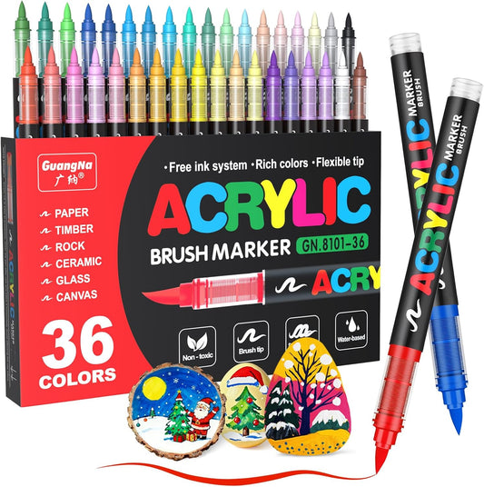 36 Guangna Acrylic Paint Markers Brush Tip Vivid Colors with Direct-Liquid Ink Control System, Professional-Grade Paint Pen for Rock Painting, Canvas, Glass, Plastic, Fabric & Creative Crafts