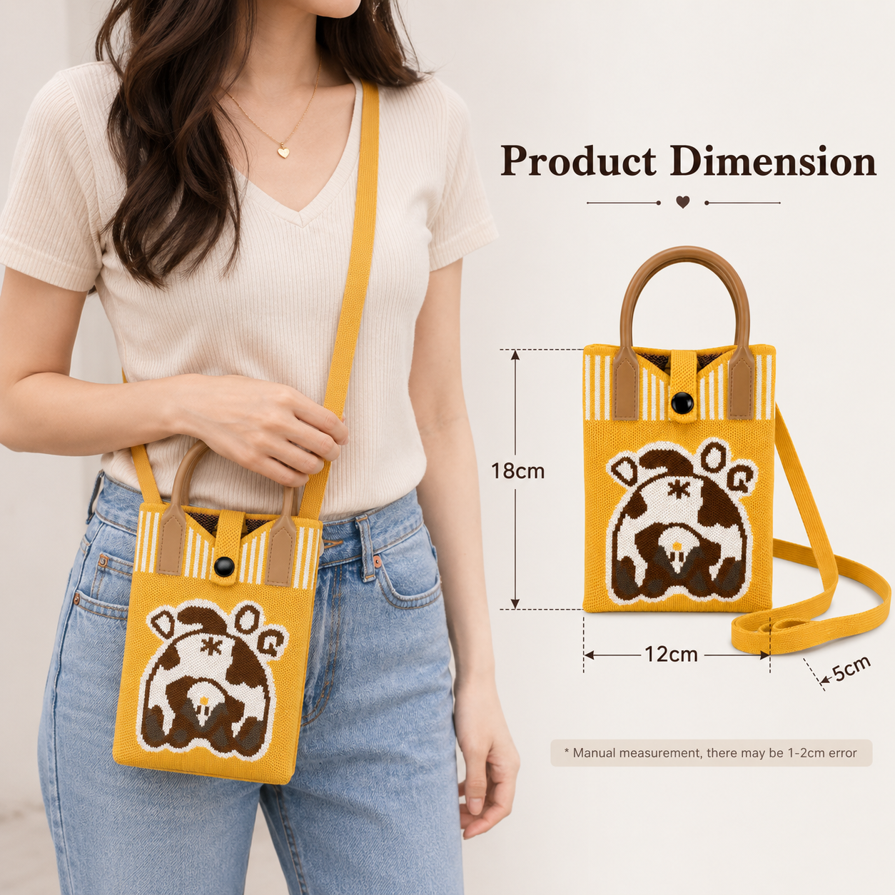 Cute Cow Trendy Crossbody Mobile Sling Bag with Strap & Silicone Handle