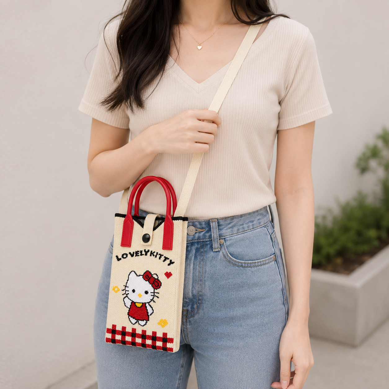 Kitty Crossbody Mobile Sling Bag with Strap & Silicone Handle