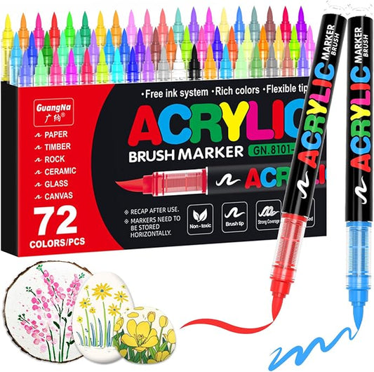 72 Guangna Acrylic Paint Markers Brush Tip Vivid Colors with Direct-Liquid Ink Control System, Professional-Grade Paint Pen for Rock Painting, Canvas, Glass, Plastic, Fabric & Creative Crafts